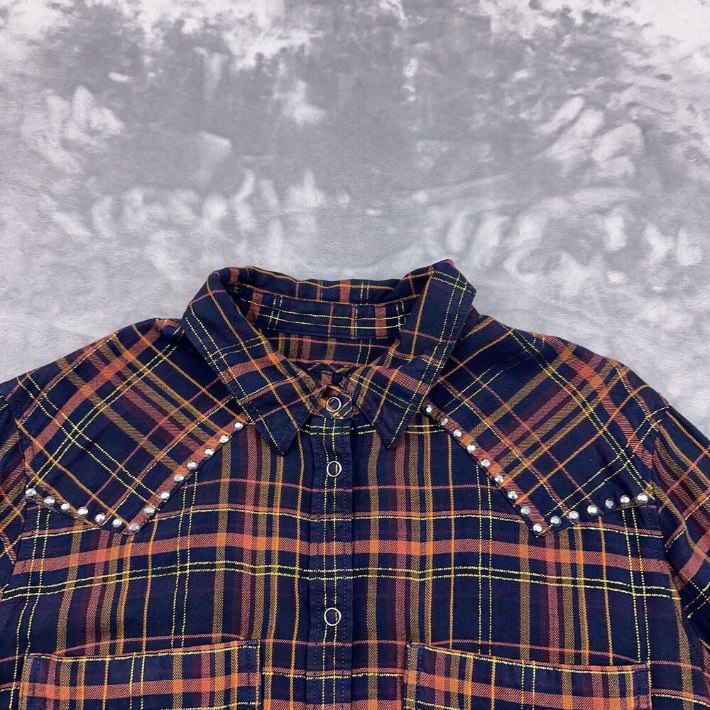 Express Shirt Women's Size L Blue Metallic Western Plaid Studded Boyfriend Snap - Picture 3 of 10